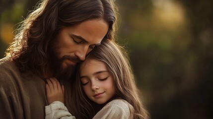 Obraz premium Heartwarming image of jesus christ embracing a young girl in a christian setting