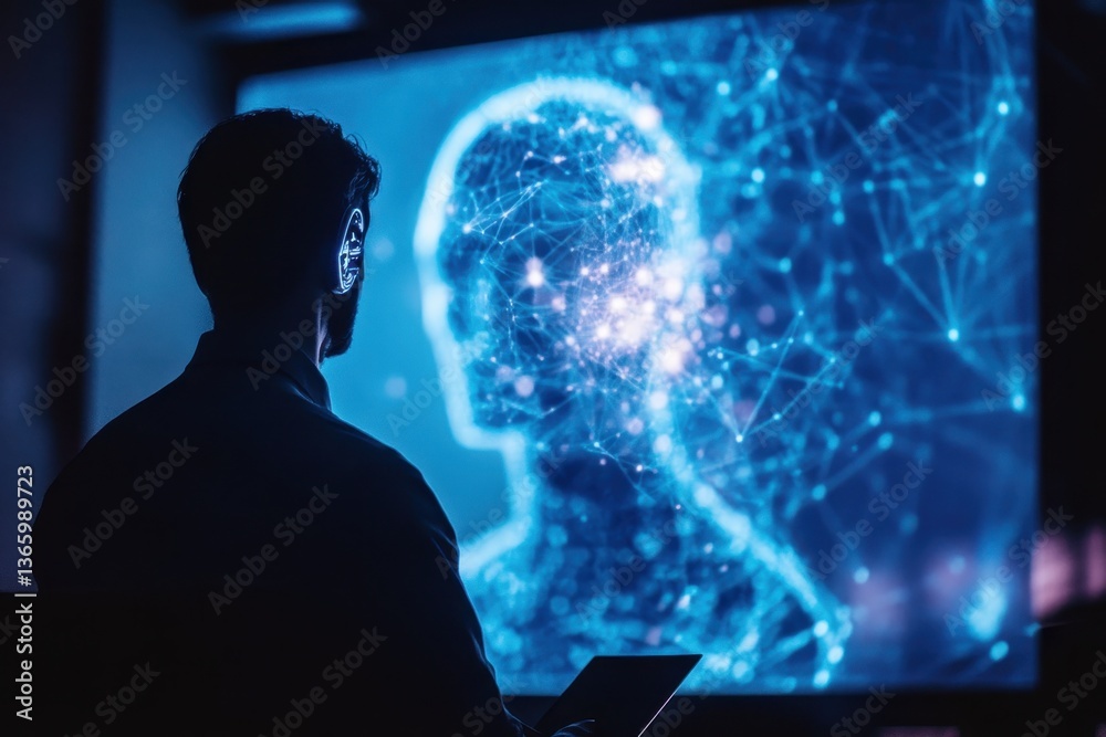 Poster exploring artificial intelligence through digital visualization in a modern workspace