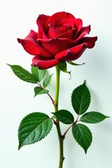Deep crimson rose, lush green foliage, pristine white backdrop, dark red rose, love