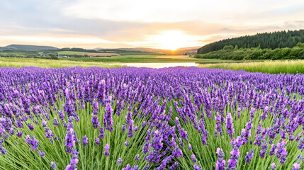 Fototapeta premium Lavender fields bloom beautifully at sunset creating stunning watercolor landscape., Watercolor illustration