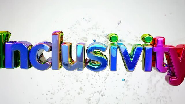 The word in the image is "inclusivity". It is written in a colorful font. The letters are made up of different colors, and they are arranged in a way that makes the word look like a rainbow