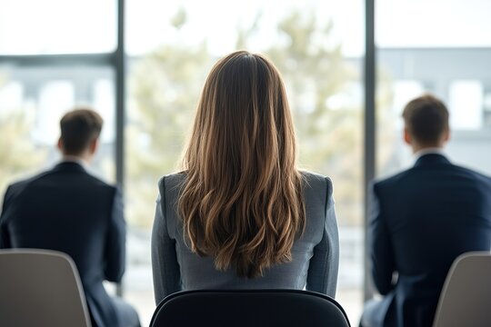 Unfair barrier. Back view young lady business professional compete for opening for her dream job but feel pressure bias prejudice on interview with male recruiters team having gender based stereotypes