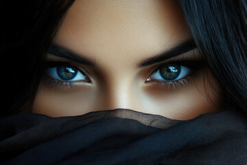 Fototapeta premium Woman with piercing blue eyes wearing a black scarf.
