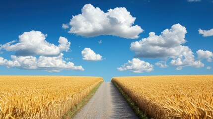 A serene landscape featuring golden wheat fields under a bright blue sky adorned with fluffy white clouds, guiding a gravel road into the horizon.