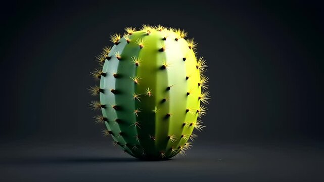 A single, vivid green cactus pad, covered in sharp spines, set against a dark background.