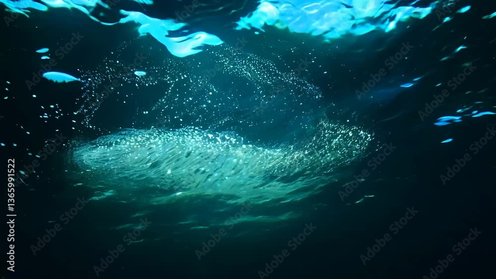 Poster a blue ocean with a lot of bubbles. the bubbles are white and are floating in the water