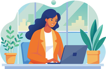 Woman Working on Laptop in Modern Office - Productivity, Remote Work, and Business Success