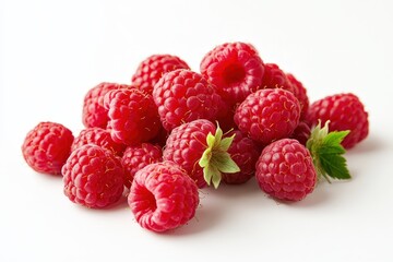 A delicious heap of fresh red ripe raspberries against white background