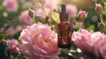 Delicate pink roses and scattered petals with a vial of fragrant rose water.