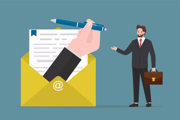 Email with documents, hr agent hand give pen for signature of contract or offer. Job applicant employee waiting job offer. Email communication for best business negotiation.