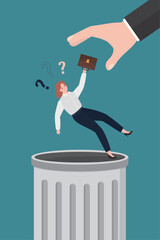 Boss hand throwing female employee into trash can. You are fired, layoff. Cartoon human hand holding sad woman over office dustbin to throw and dismiss. Staff reduction