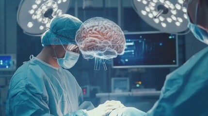 A futuristic AI powered robotic surgeon performing a delicate brain operation in a high tech hospital, clean and sterile surgical environment with real-time digital overlays, Medical innovation style