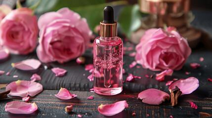 Delicate pink roses and scattered petals with a vial of fragrant rose water.