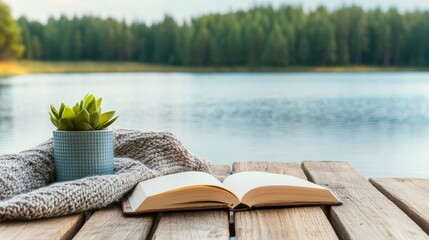 Lakeside reading retreat with a rustic wooden dock, cozy blanket, and peaceful water view