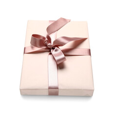 Gift box with pink bow on white background. International Women's Day