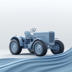 Blue tractor with snow plow on white surface, wind turbine on white background 