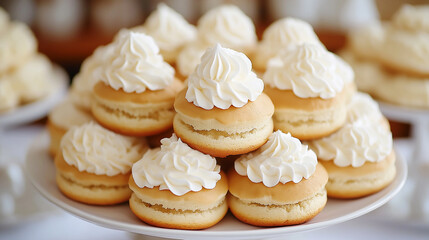 Plate of small cakes with cream frosting on a table.
