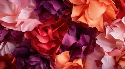 Fototapeta premium A vibrant arrangement of colorful, soft flower petals, showcasing shades of pink, purple, and orange, creating a visually appealing and textured background.