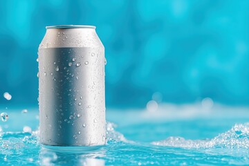 Floating soda can in clear blue pool illuminated by warm sunlight creating a tranquil summer atmosphere
