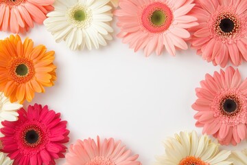 A vibrant arrangement of colorful gerbera daisies framing a blank space, perfect for invitations or decorative designs.