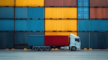 A large cargo truck loaded with shipping containers, parked at a warehouse for unloading