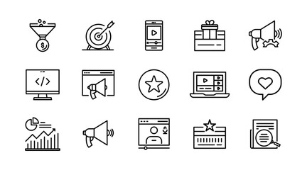 Fototapeta premium Sales and Marketing line icon set. SEO, promotion, sales dashboard, report, targeting, ad, sales funnel, and Sales strategy outline icon collection. UI thin outline icon pack
