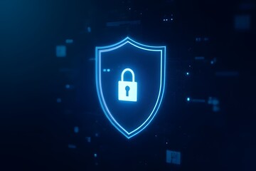 A glowing digital shield promises unwavering data protection in the digital age with a cool blue light and dark background.