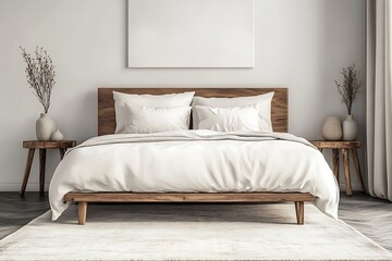 White bedroom interior with wooden bed and white wall. 3d render