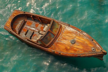 Obraz premium A wooden boat floats on vibrant turquoise ocean water