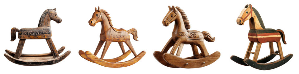 Vintage wooden rocking horse isolated on transparent background. PNG ,Set of