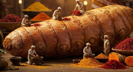 Miniature Farmers Working on Giant Turmeric Root in Vibrant Spice Market