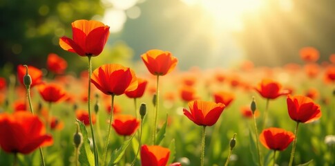 Naklejka premium Vibrant red poppies bathed in sunlight, idyllic summer scene, golden hour, floral