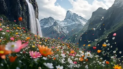A vibrant, fantastical landscape featuring a waterfall, mountains, and a field of colorful flowers.
