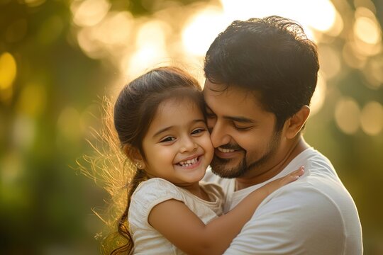 Little girl enjoy carefree playtime with loving dad. Mature Indian man spend leisure with cute preschooler daughter tickle her, laughing, feel unconditional love, sharing moments of joy and tenderness - Powered by Adobe