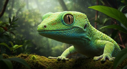 Fototapeta premium Emerald gecko portrait amidst a tranquil tropical forest ambience, basking nature