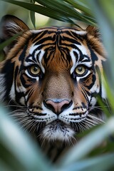 Tiger's Gaze Through Lush Jungle Foliage. (1)