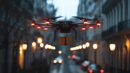 A close-up of a delivery drone hovering above a city street with a package attached below it