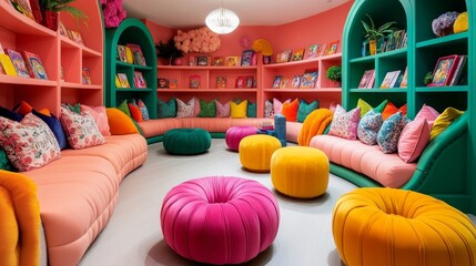 Alice in Wonderland-themed reading nook with oversized furniture, whimsical colors, and enchanted elements