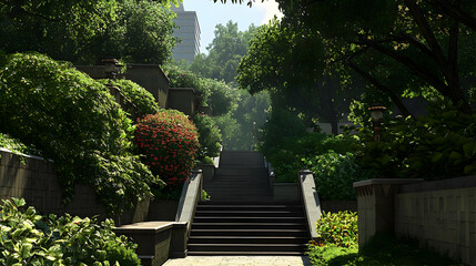 Obraz premium Stone Staircase Leading Upward Through Green Foliage Garden in Sunny Daylight