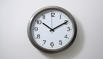 A round wall clock placed on a white background