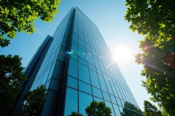 Sunlight on sleek glass office tower amidst lush greenery , background, light, nature