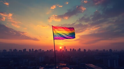Prideful Sunrise: Hope and Resilience in Urban Landscape with Rainbow Flag