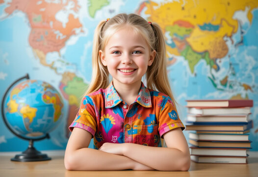 Happy girl smiles arms crossed in classroom world map globe books bright colors soft light - Powered by Adobe