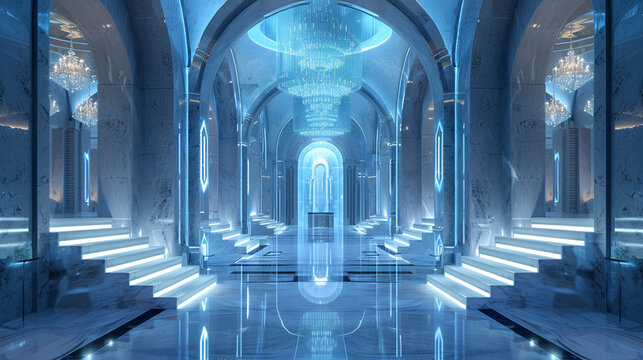 Futuristic Egyptian palace interior, merging Pharaonic design with modern minimalism, featuring floating staircases, holographic hieroglyphs, and a high-tech crystal chandelier. - Powered by Adobe