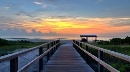 Obraz premium Wooden Boardwalk Leading To Beach Under Orange And Yellow Sunset Sky