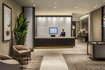 Warm greeting at a modern hotel lobby featuring a receptionist and digital check-in screen Generative AI