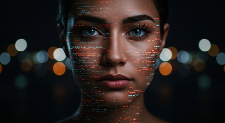 A woman's face with digital code overlaid against a bokeh background with blurred lights