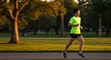 Fototapeta premium Focused asian man embracing morning run on a park pathway, motion blur