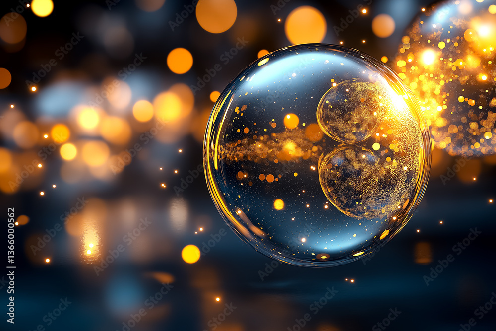 Poster bubbles float in shimmering light with golden sparkles, creating a captivating and magical atmospher