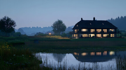 Fototapeta premium Large House Lit Up At Night Beside A Calm Lake With Misty Background And Dark Sky